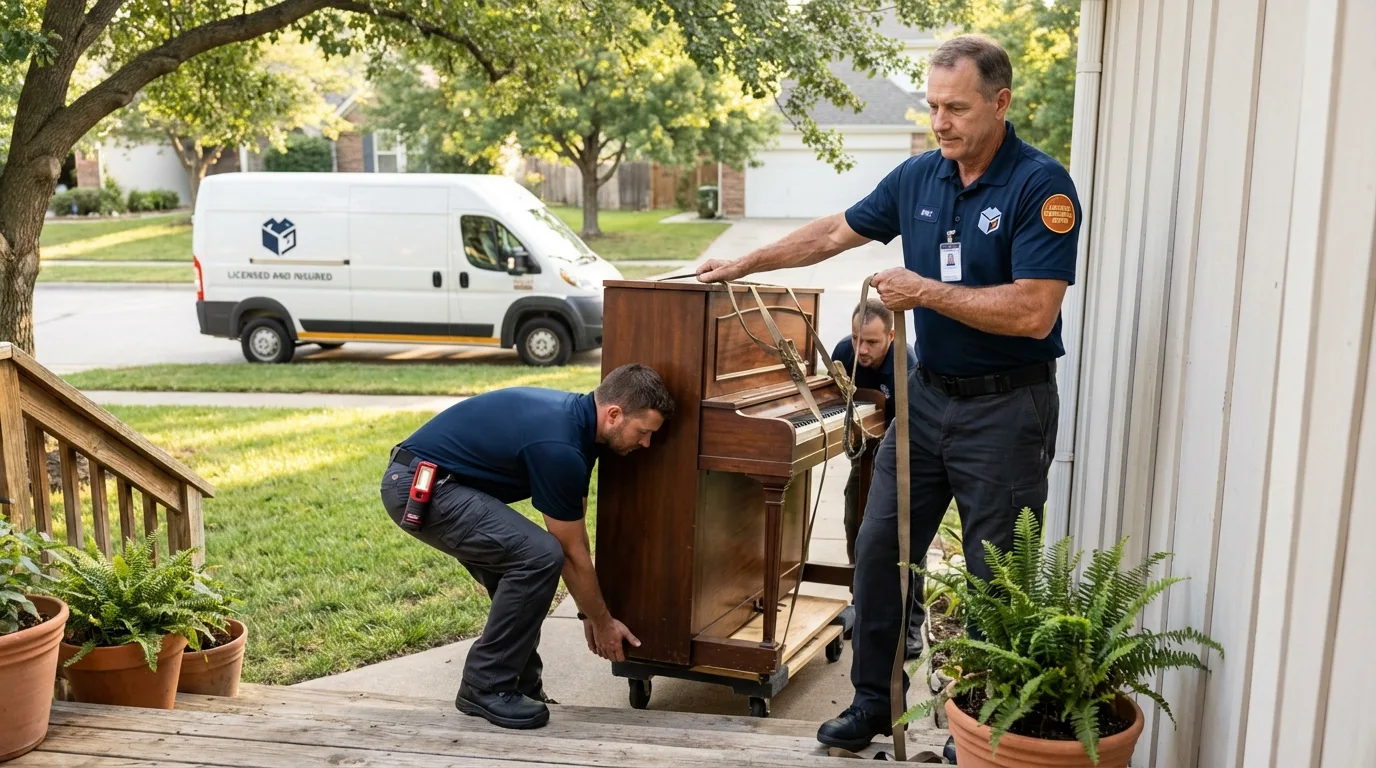 Licensed piano movers securing grand piano in Woodmere, NY