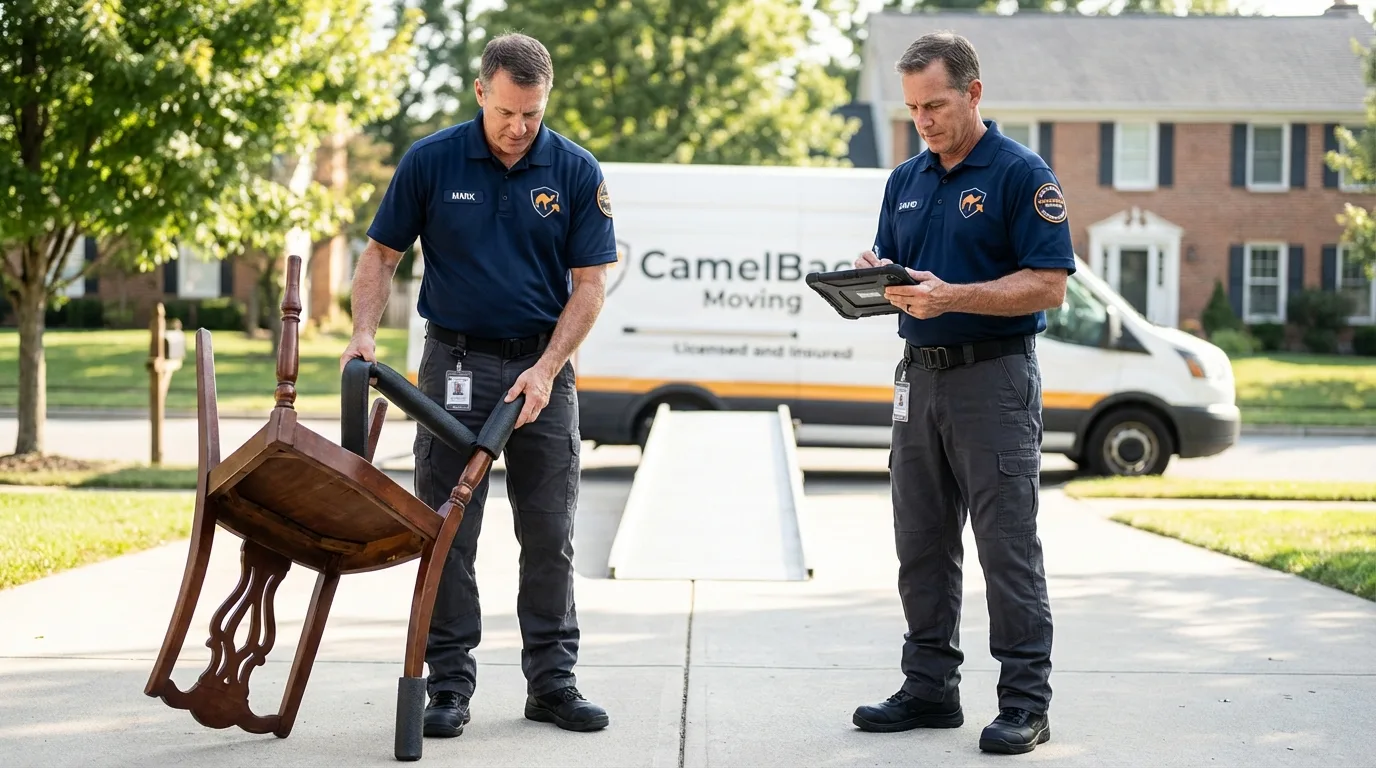 Movers inspecting furniture for damage prevention before loading in Woodmere, NY