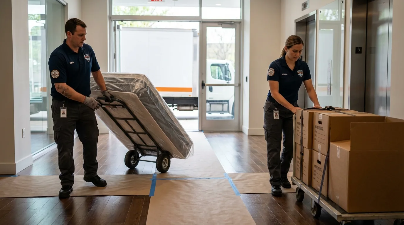 Professional apartment movers loading elevator in Woodmere, NY